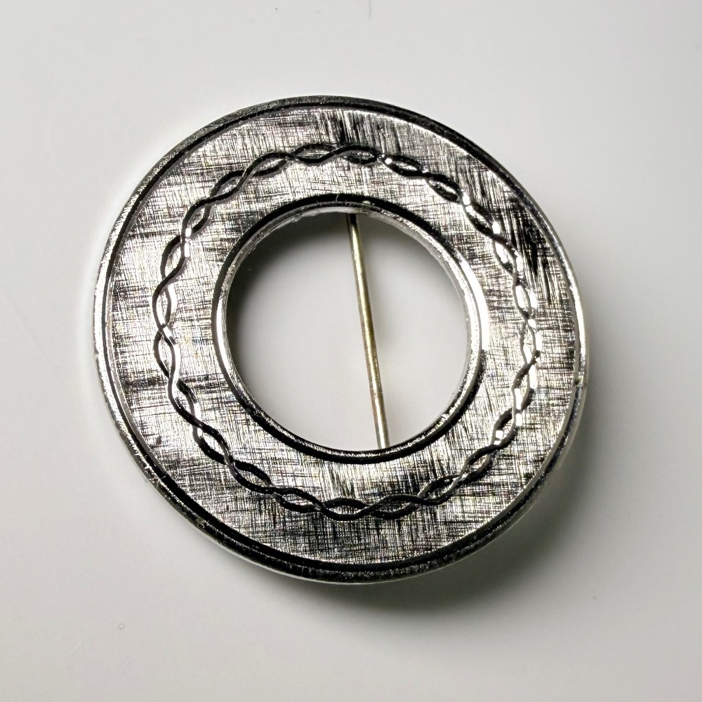 Brushed Silver Tone Circle Brooch